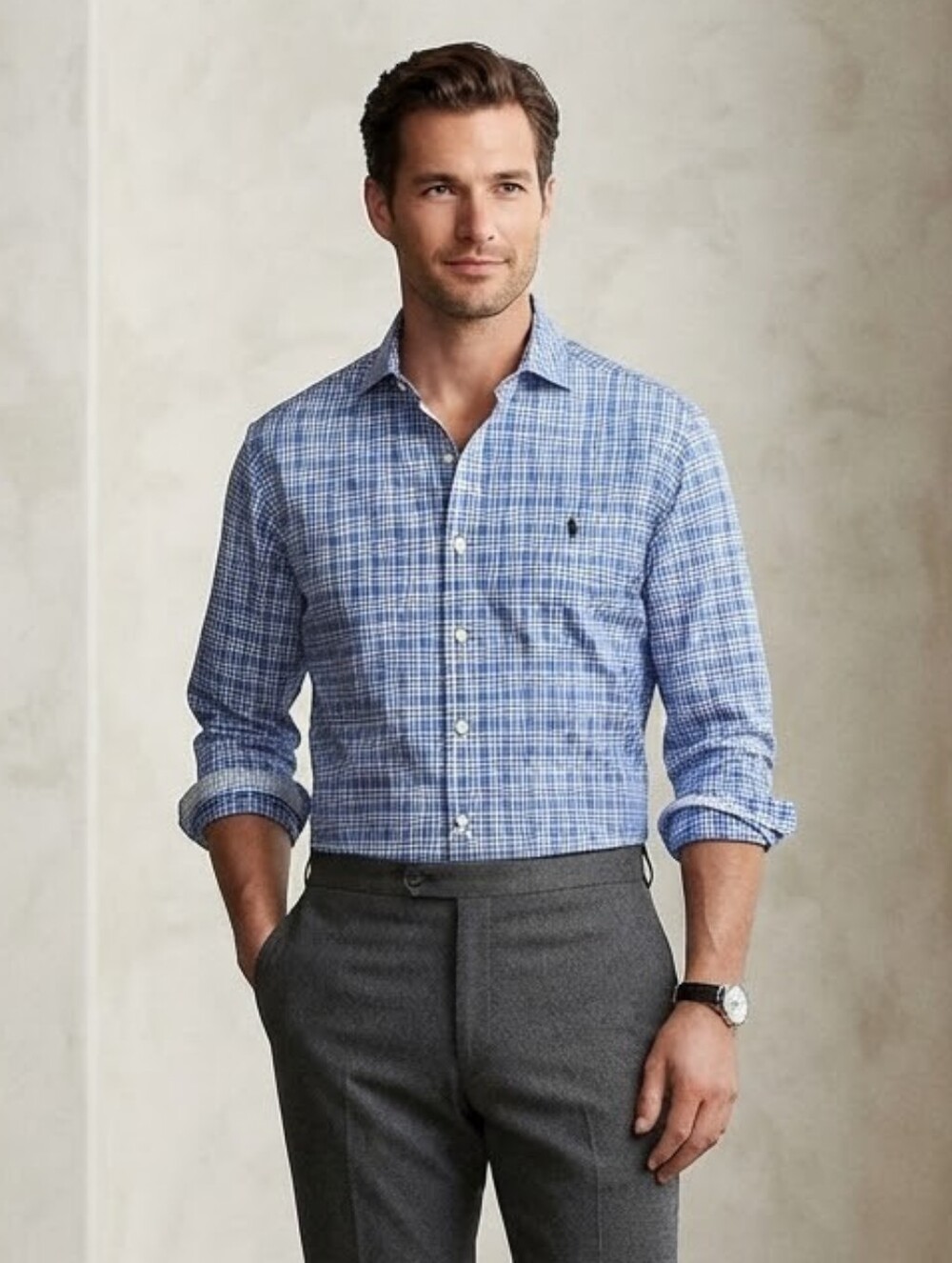 NWOT Polo Ralph Lauren 17 Slim Fit Blue Checkered Dress Shirt Old Money Preppy